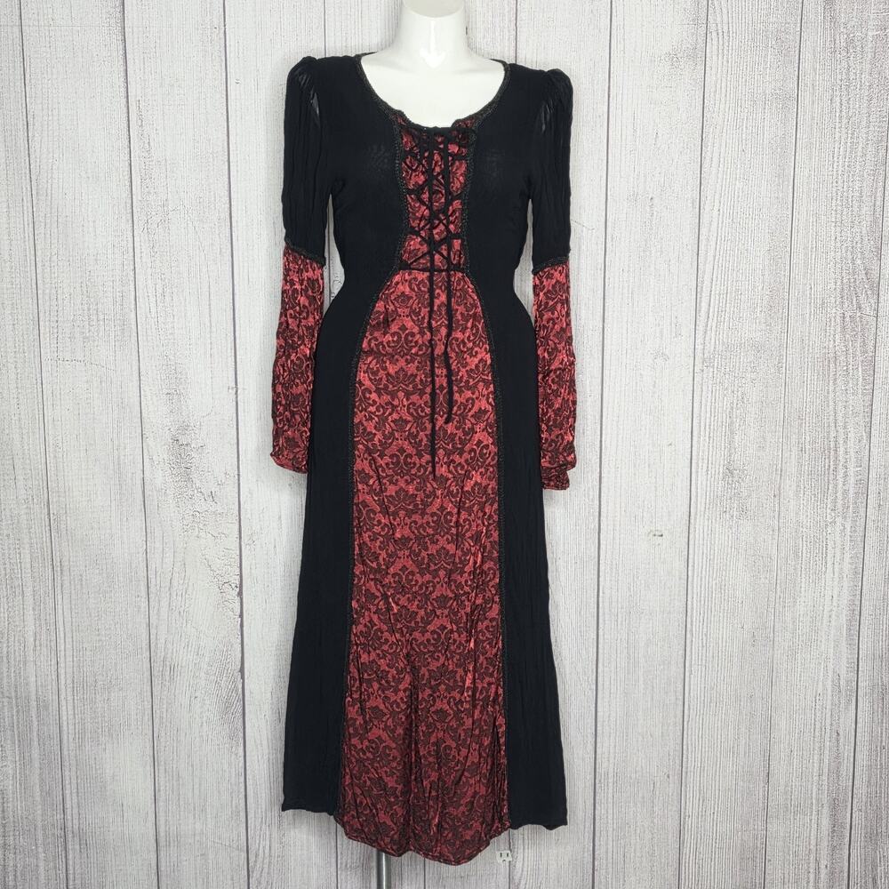 Vtg 90s Funhouse NYC 2X Gothic Damask Rayon Maxi Dress Whimsigoth Vampy Goth